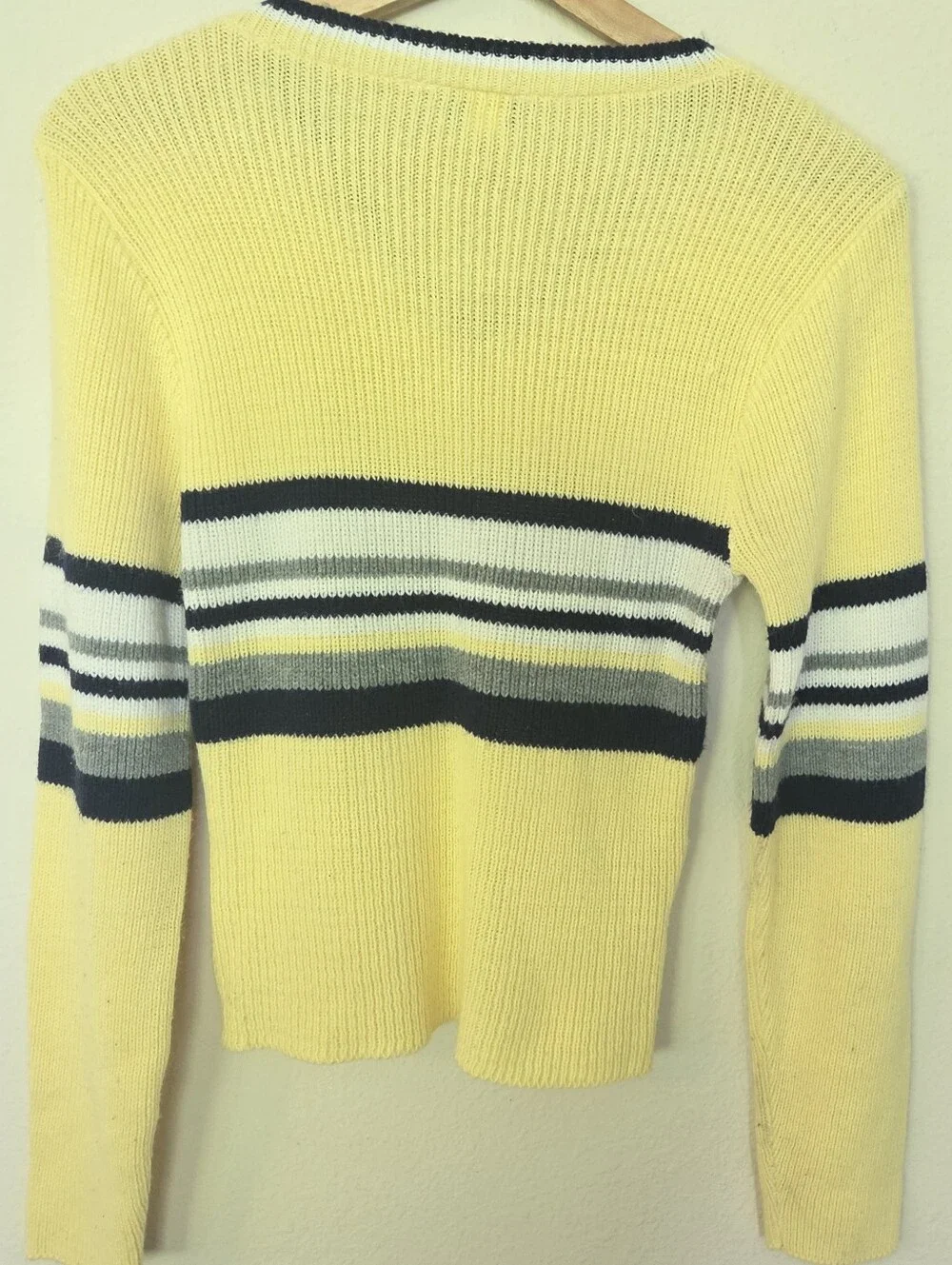 Y2K Rave Vintage Yellow VNeck  Stripe Knit LS Sweater